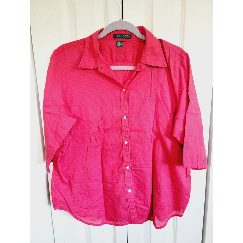 Lauren Ralph Lauren XL‎ Womens Shirt Button Up Red Logo *Has A Spot* Cotton